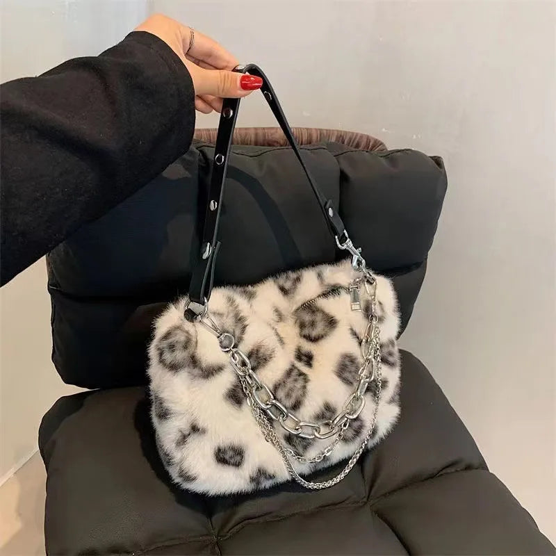 Fluffy Leopard Shoulder Purse