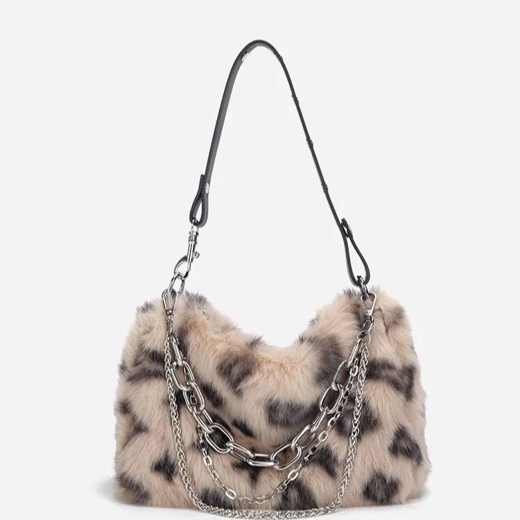 Fluffy Leopard Shoulder Purse